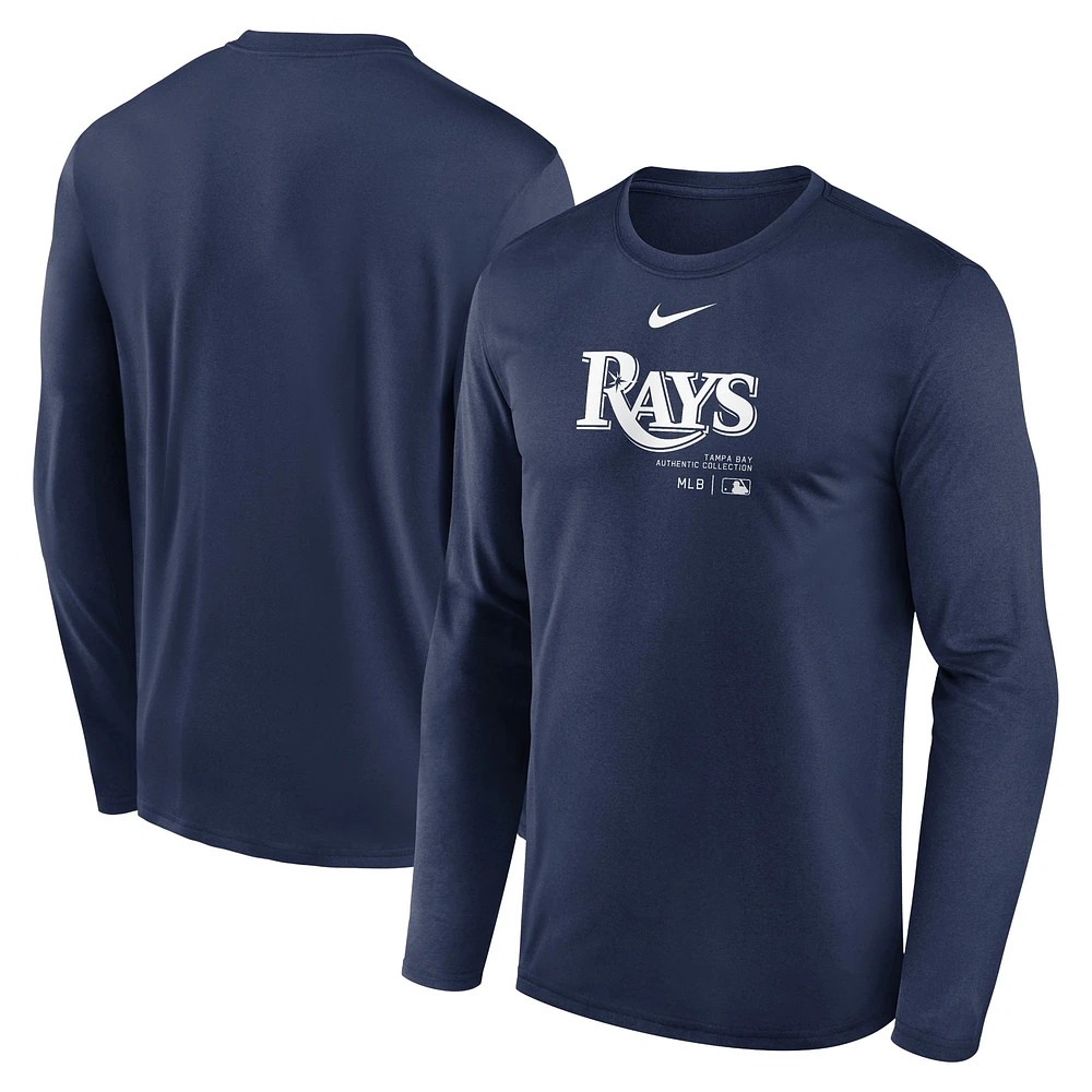 T-shirt à manches longues Nike pour homme, bleu marine, Tampa Bay Rays Authentic Collection Practice Performance