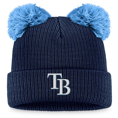 Bonnet en tricot à revers à double pompon Fanatics pour femmes, bleu marine/bleu clair, Rays de Tampa Bay