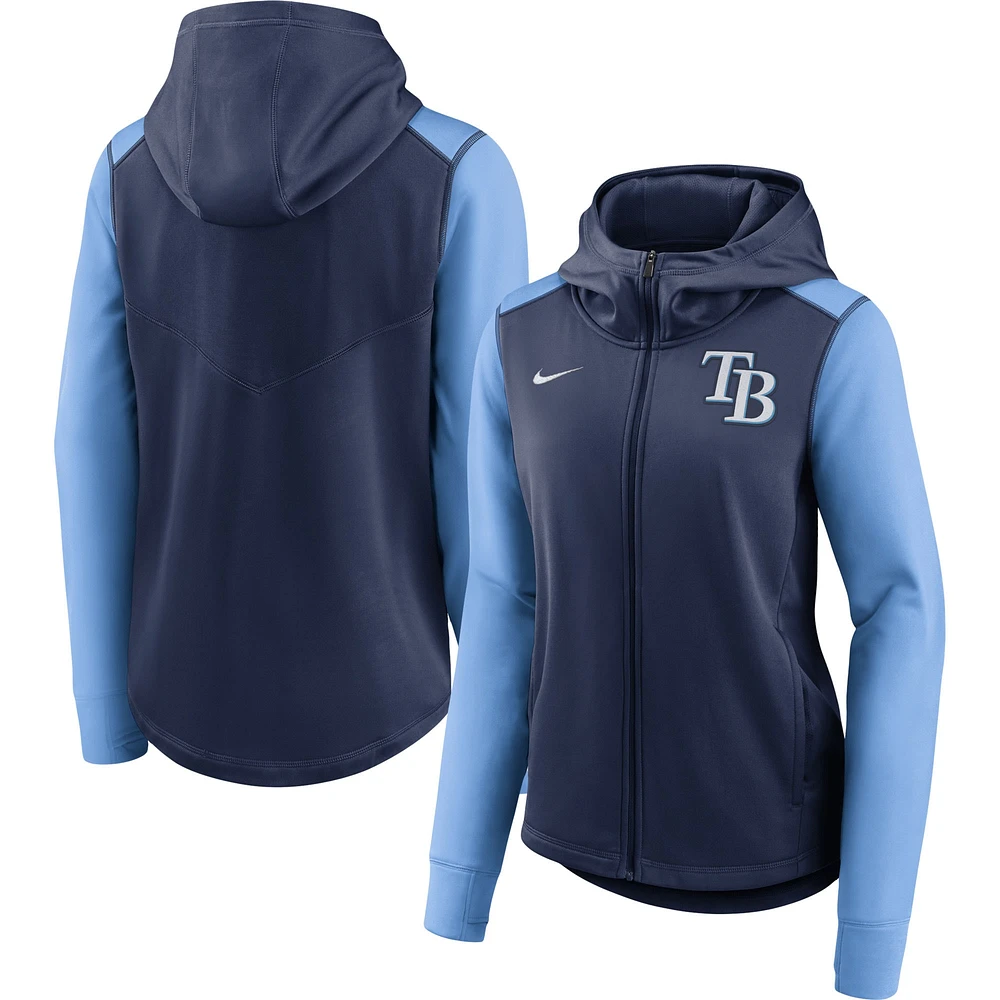 Sweat à capuche entièrement zippé Nike bleu marine/bleu clair Tampa Bay Rays Authentic Collection Baseball Performance pour femme