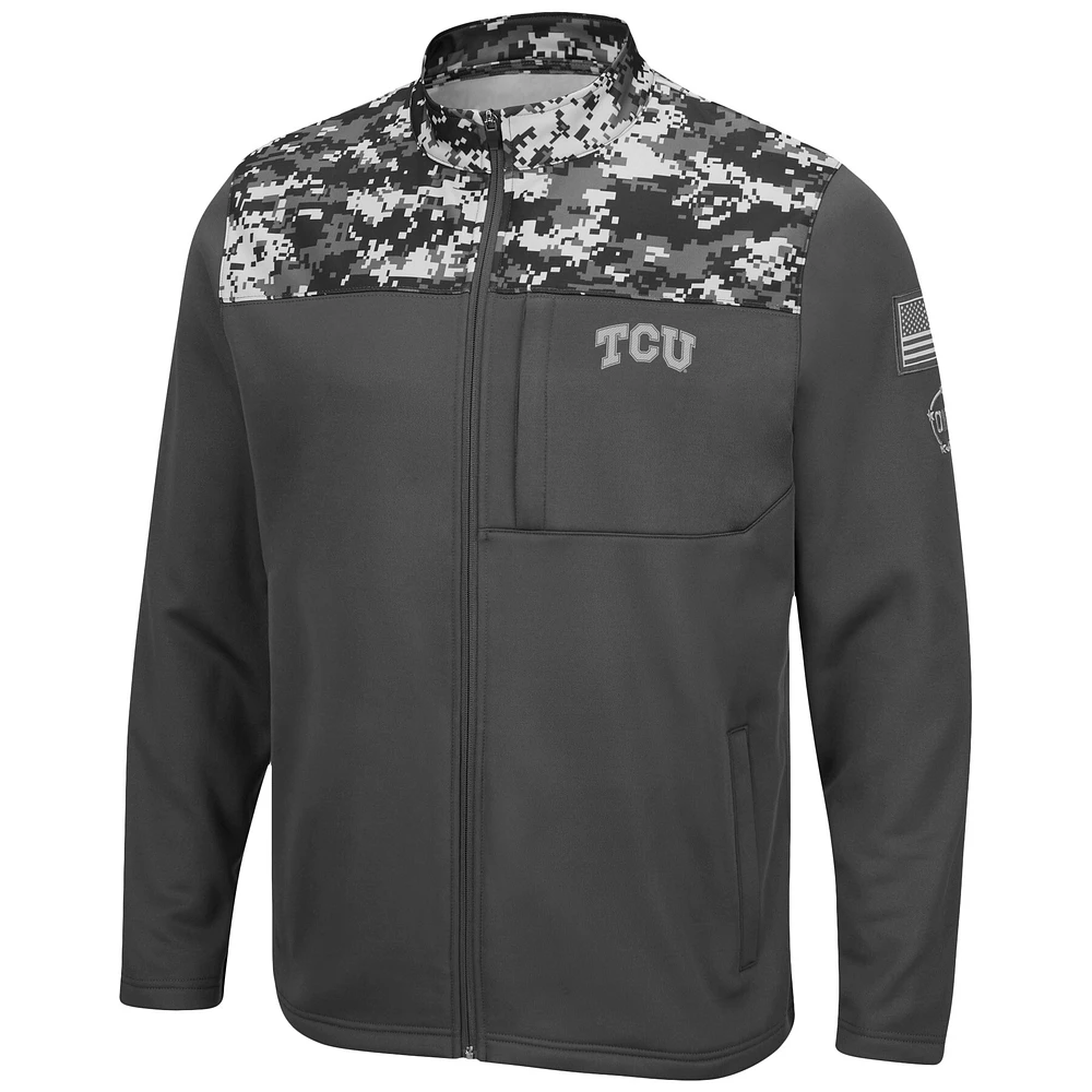 Veste entièrement zippée Colosseum Charcoal TCU Horned Frogs OHT pour hommes Appréciation militaire Digi Camo