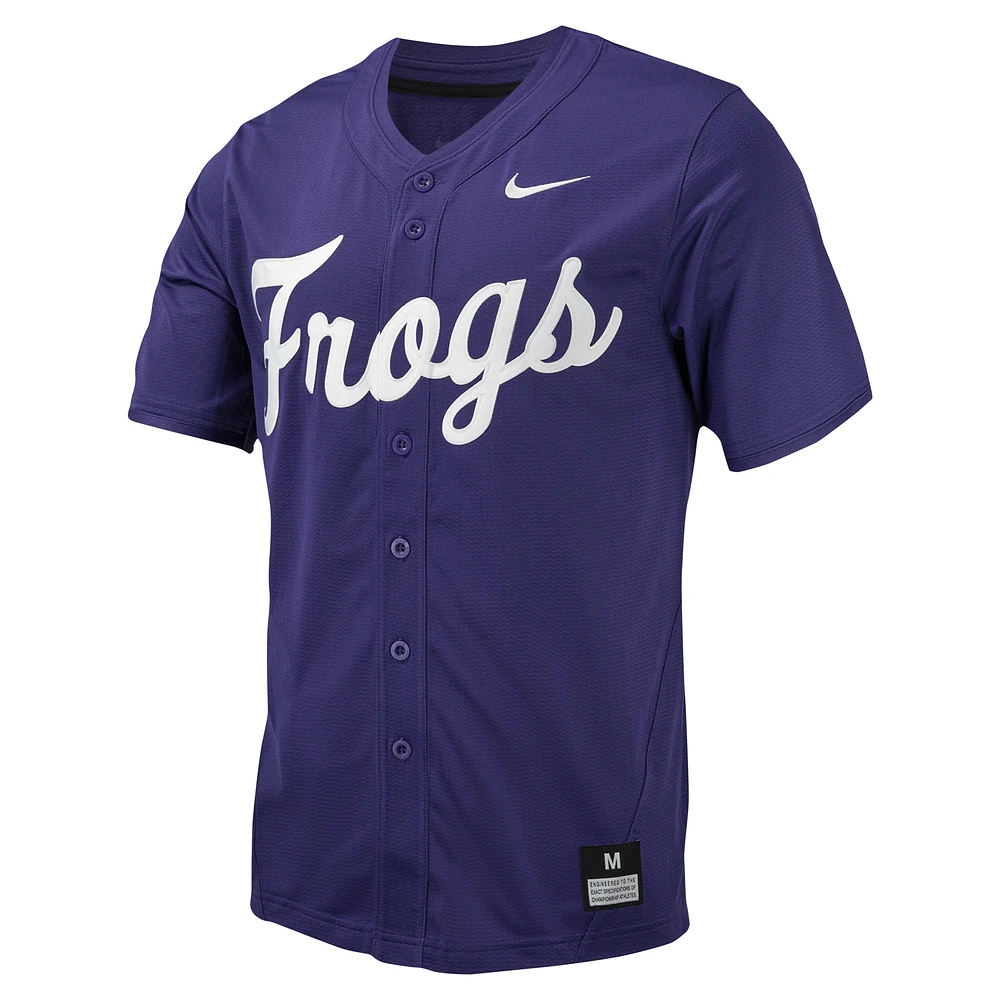 Maillot de baseball à bouton intégral Nike TCU Horned Frogs pour homme, violet