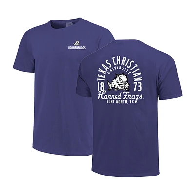 T-shirt violet pour homme avec superposition de mascotte Comfort Colors des Horned Frogs TCU