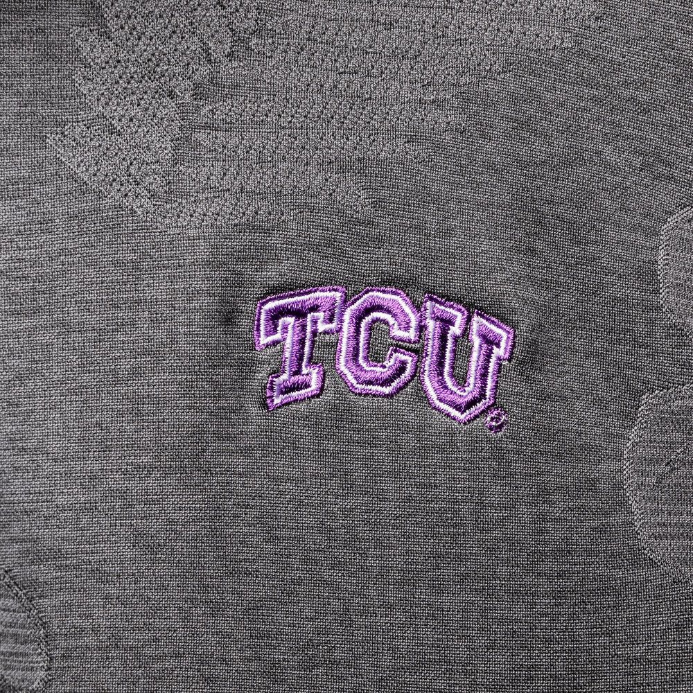 Men's Tommy Bahama Charcoal TCU Horned Frogs Palm Coast Delray Frond IslandZone Allover Print Polo