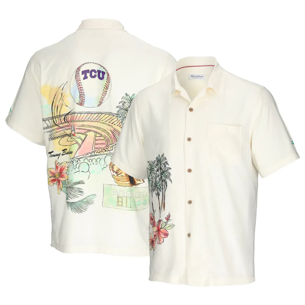 Tommy Bahama Cream TCU Horned Frogs Paradise Fly Ball Camp Chemise boutonnée pour homme