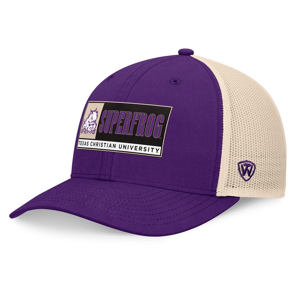 Casquette réglable Top of the World pour hommes, violet/naturel TCU Horned Frogs Bennett Trucker 