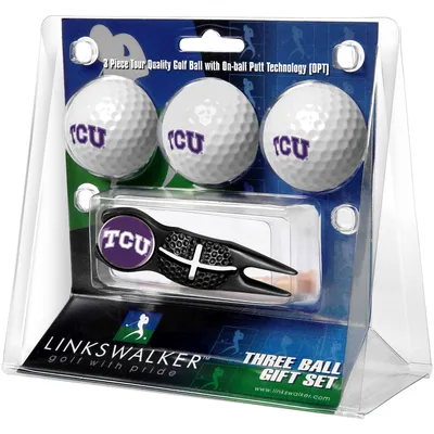 TCU Horned Frogs 3-Pack Golf Ball Gift Set with Black Crosshair Divot Tool