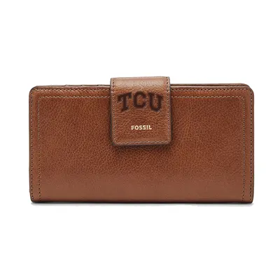 TCU Horned Frogs Fossil Women's Leather Logan RFID Tab Clutch - Brown