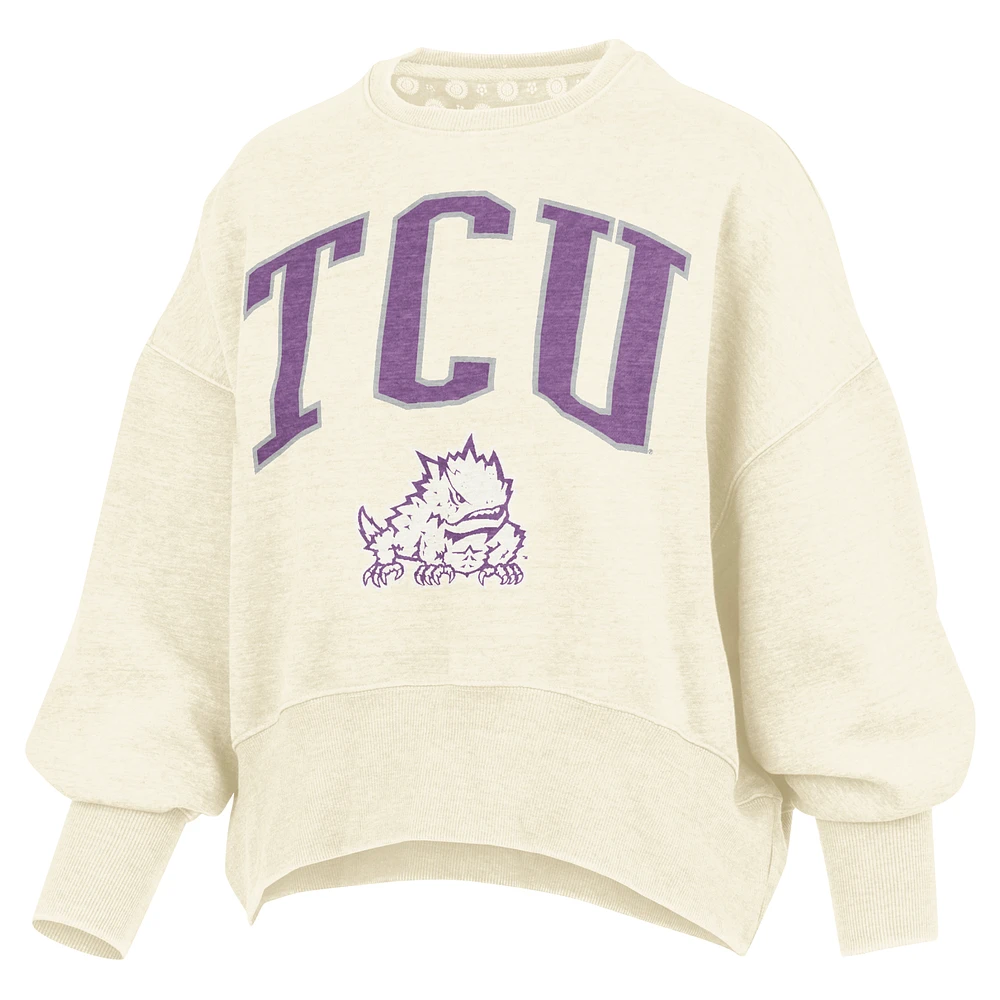 Women's Pressbox  Ivory TCU Horned Frogs Oversized Waist-Length Crewneck Sweatshirt