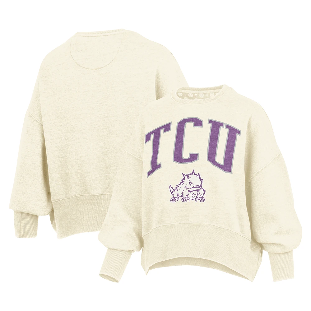 Women's Pressbox  Ivory TCU Horned Frogs Oversized Waist-Length Crewneck Sweatshirt