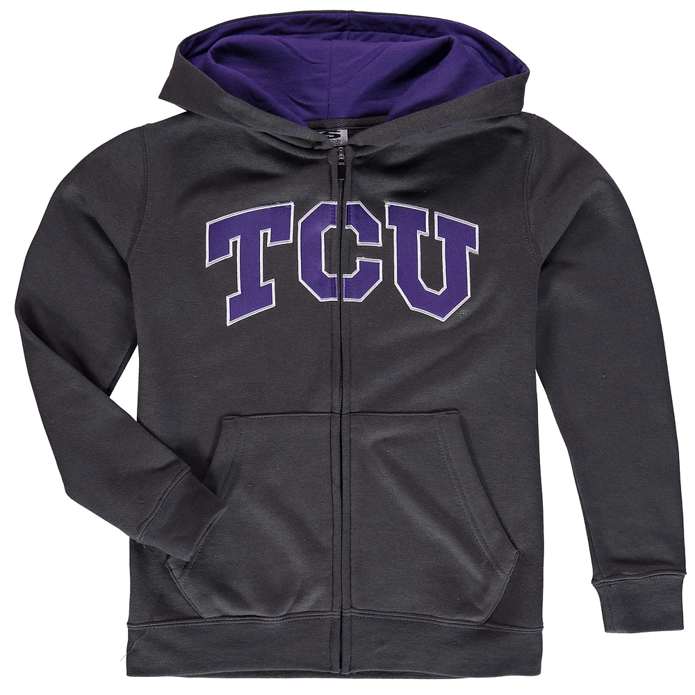 Youth Charcoal TCU Horned Frogs Applique Arch & Logo Full-Zip Hoodie