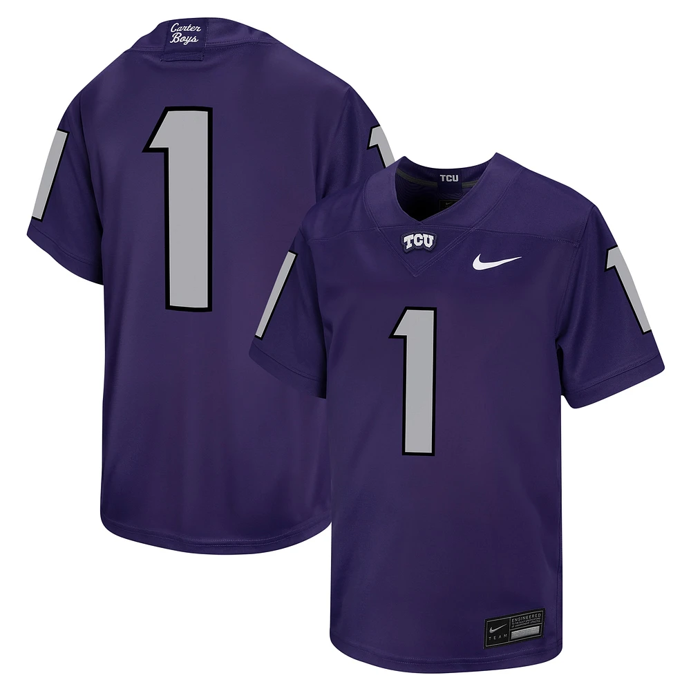 Maillot de football Nike #1 violet pour jeunes TCU Horned Frogs Untouchable