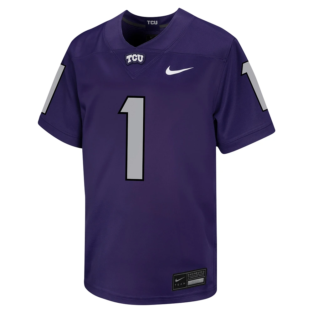 Maillot de football Nike #1 violet pour jeunes TCU Horned Frogs Untouchable