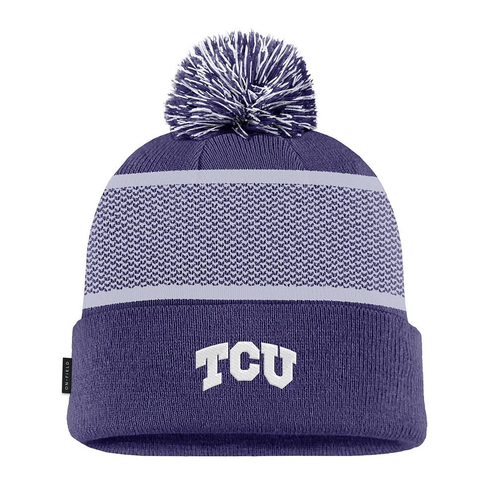 Youth Nike Purple TCU Horned Frogs 2024 Sideline Peak Cuffed Knit Hat with Pom