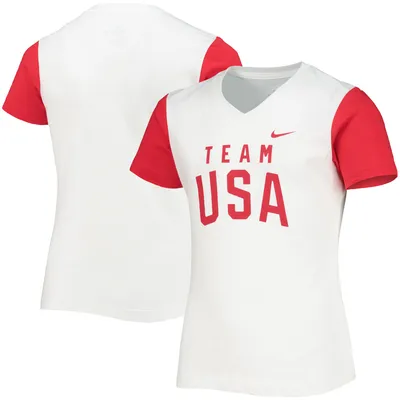 Team USA Nike Girls Youth Color Block V-Neck T-Shirt - White/Red
