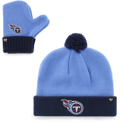 Bonnet en tricot à revers Bam Bam des Titans du Tennessee bleu clair/bleu marine pour bébé '47 avec ensemble de pompons et de mitaines