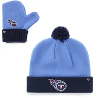 Bonnet en tricot à revers Bam Bam des Titans du Tennessee bleu clair/bleu marine pour bébé '47 avec ensemble de pompons et de mitaines