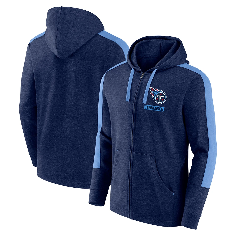 Sweat à capuche entièrement zippé Fanatics Heather Navy Tennessee Titans Gains pour hommes