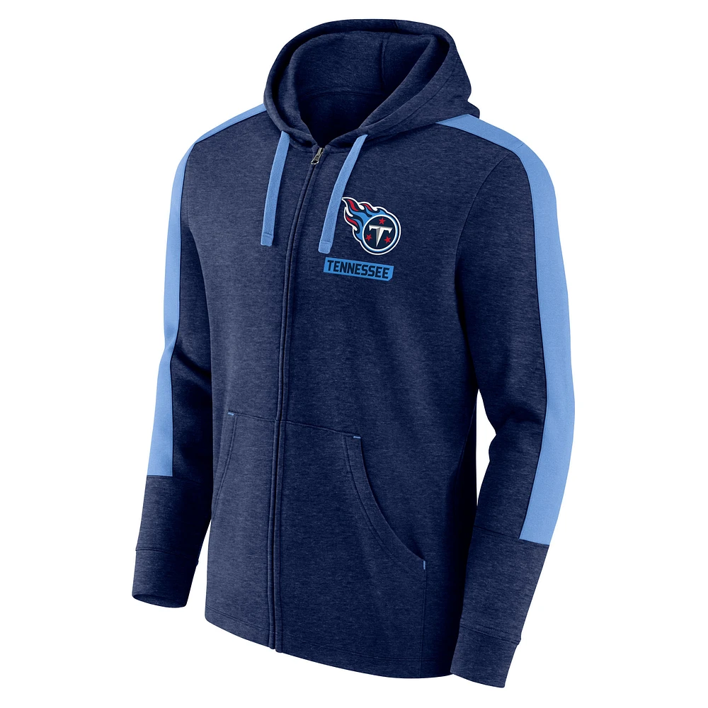 Sweat à capuche entièrement zippé Fanatics Heather Navy Tennessee Titans Gains pour hommes