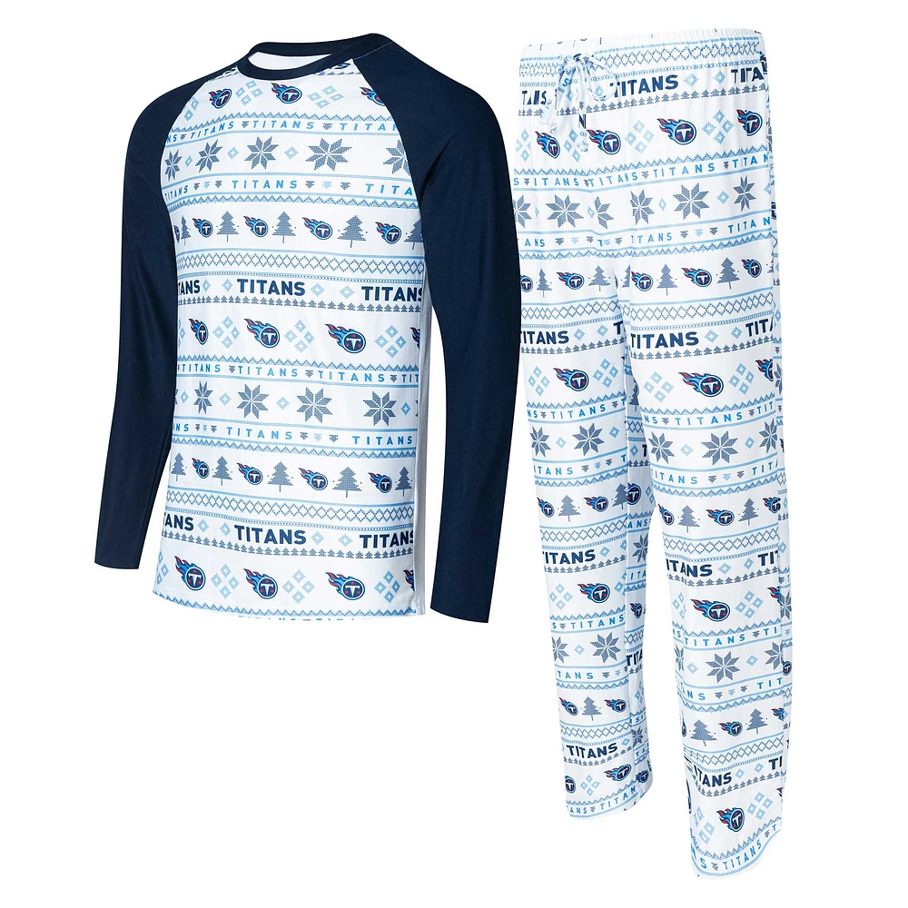 Ensemble de nuit Concepts Sport pour hommes, t-shirt et pantalon à manches longues Tennessee Titans Tinsel Raglan, blanc/bleu marine