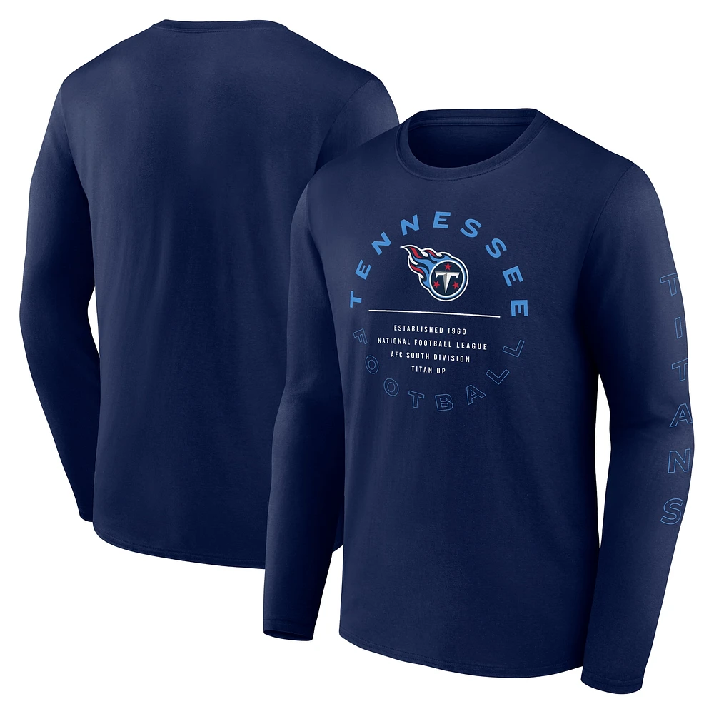 T-shirt à manches longues Fanatics pour homme, bleu marine, avec feuille de statistiques des Tennessee Titans