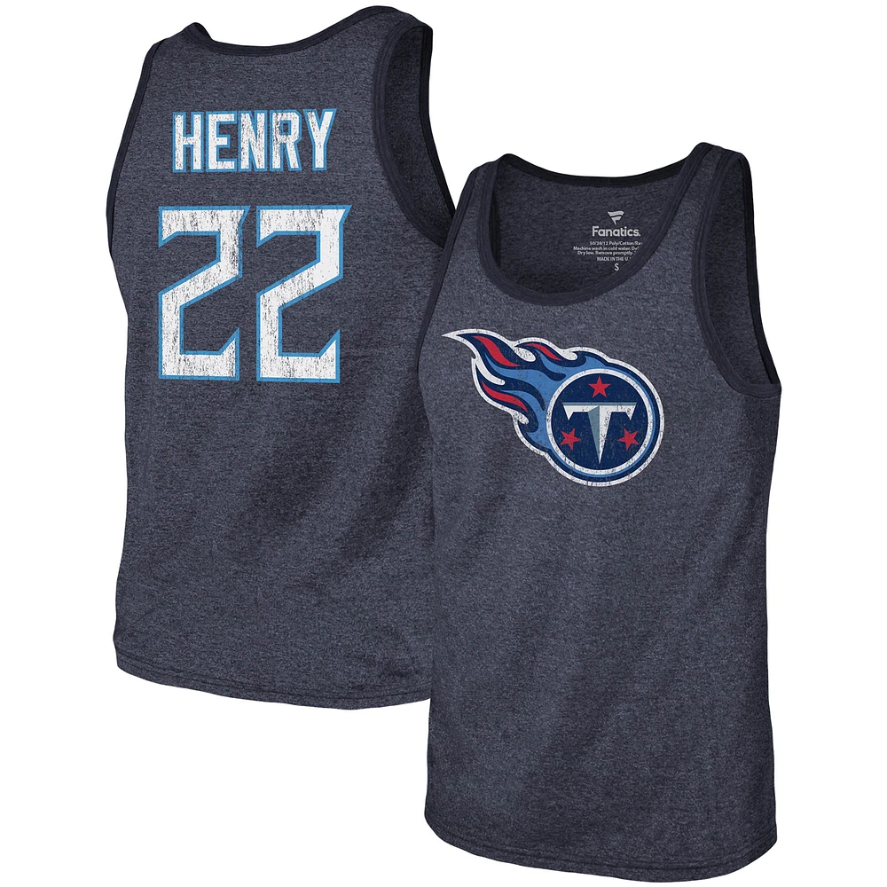 Débardeur tri-mélange avec nom et numéro Majestic Threads pour hommes Derrick Henry Navy Tennessee Titans