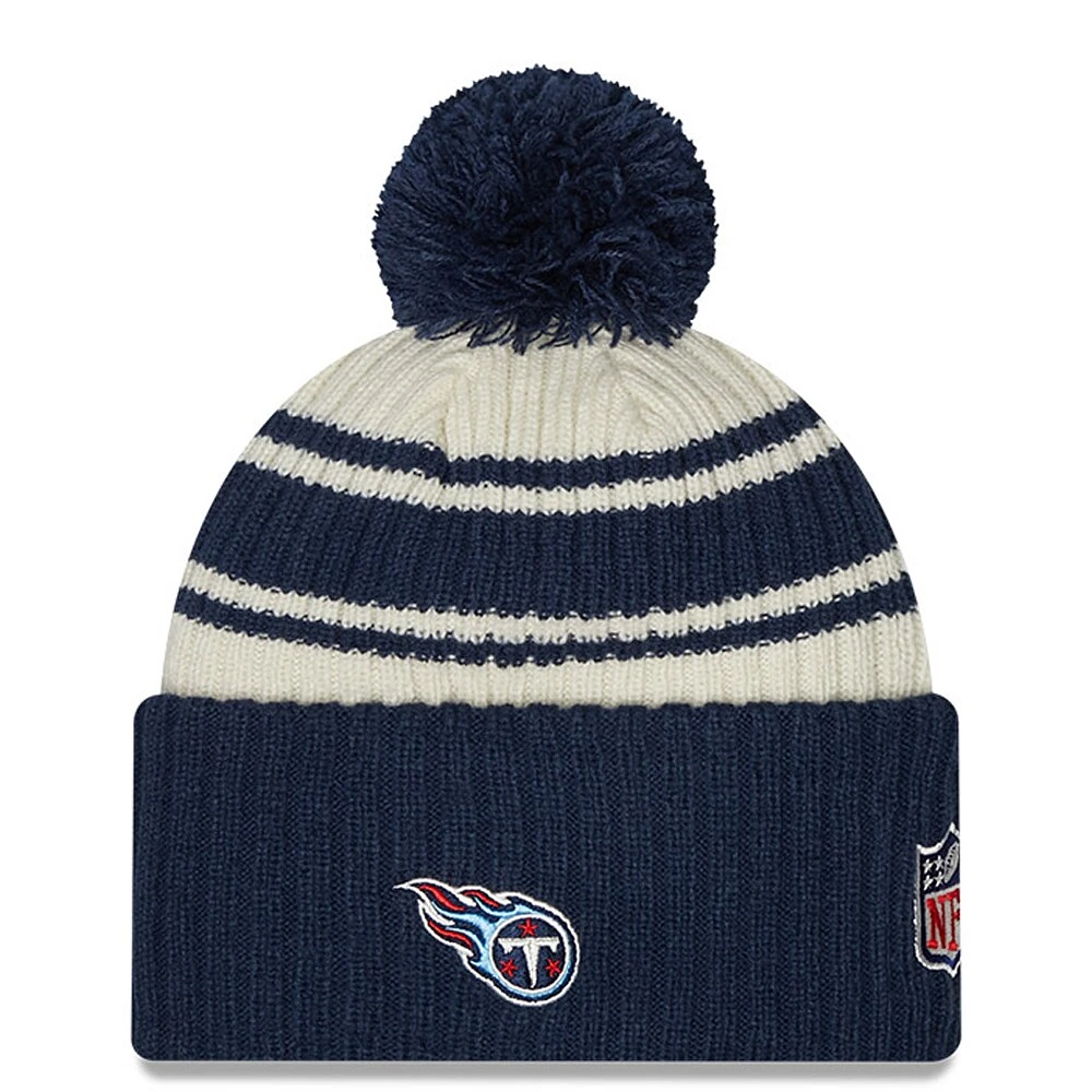 Men's New Era Cream/Navy Tennessee Titans 2022 Sideline - Sport Cuffed Pom Knit Hat