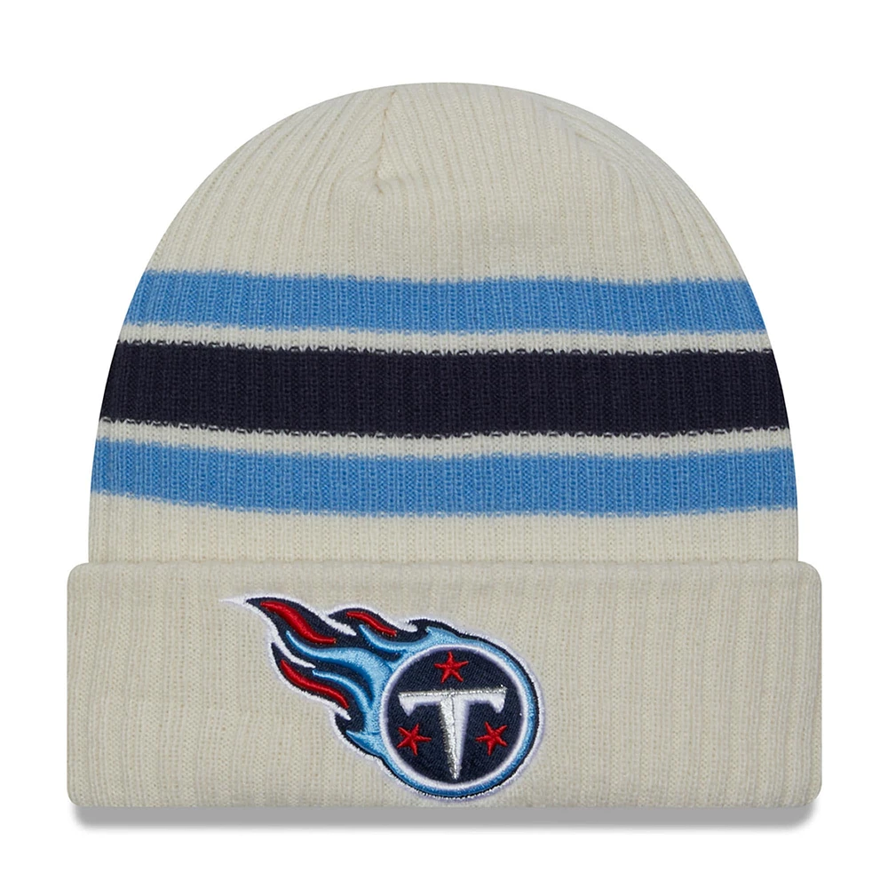 Bonnet en tricot à revers crème Tennessee Titans Team Stripe New Era pour hommes