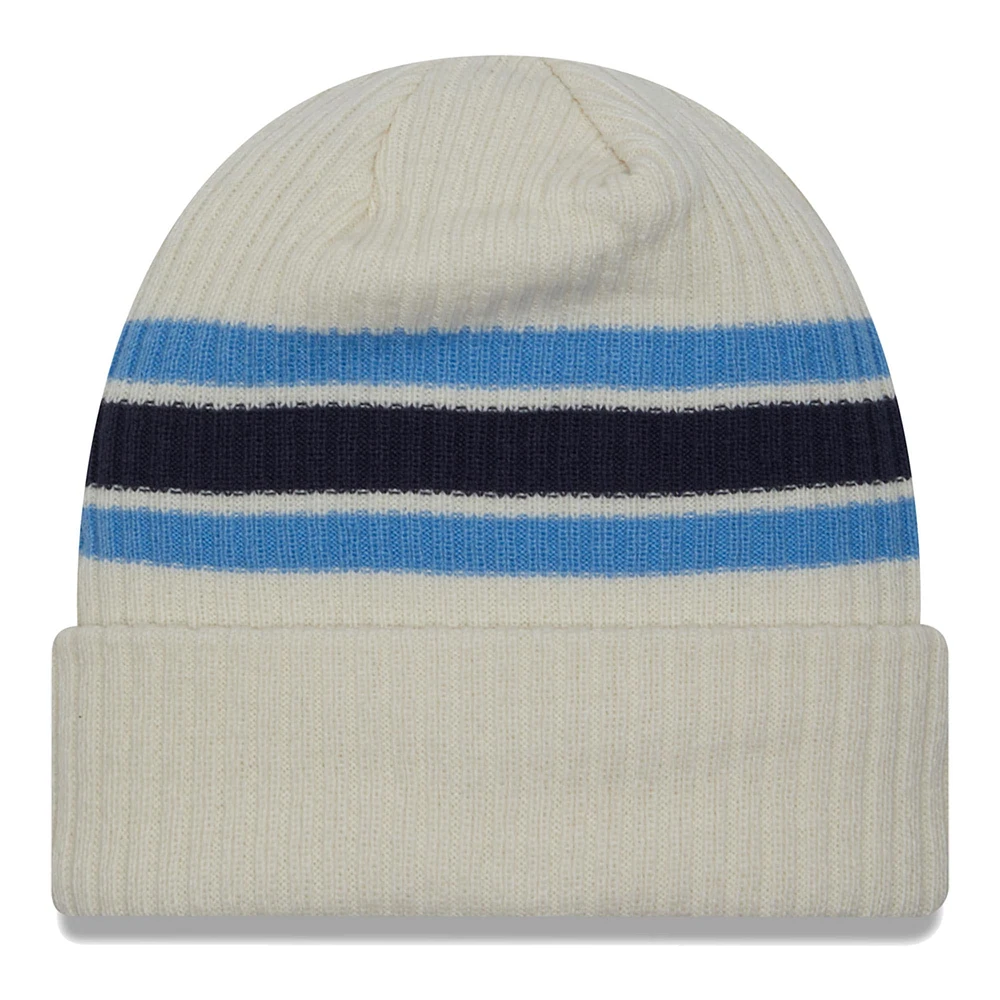 Bonnet en tricot à revers crème Tennessee Titans Team Stripe New Era pour hommes