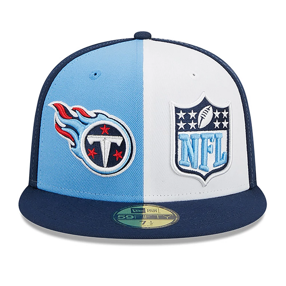 Casquette ajustée 59FIFTY pour homme des Tennessee Titans 2023 Sideline New Era bleu clair/bleu marine