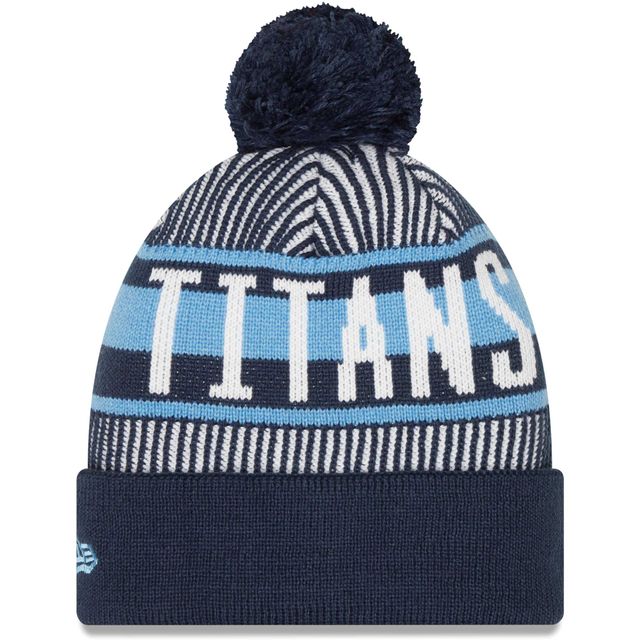 Tennessee Titans Striped New Era pour homme - Bleu marine - Bonnet en tricot à revers avec pompon