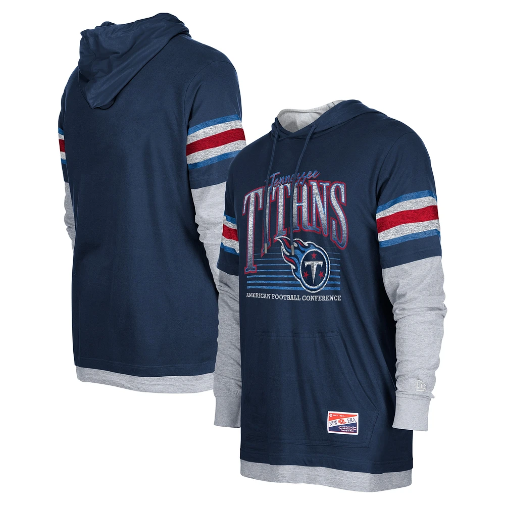 T-shirt à capuche manches longues Twofer Tennessee Titans bleu marine New Era pour homme