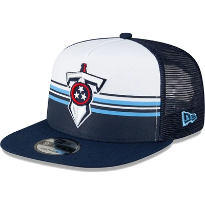 Men's New Era White/Navy Tennessee Titans Striped A-Frame 9FIFTY Trucker Snapback Hat