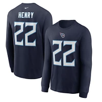 T-shirt à manches longues Nike Derrick Henry pour hommes, bleu marine, Tennessee Titans, nom et numéro du joueur