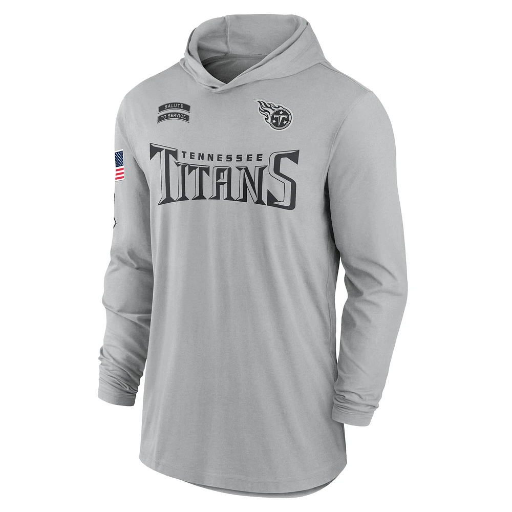 T-shirt à capuche léger et performant manches longues Nike Tennessee Titans 2024 Salute to Service pour homme, gris