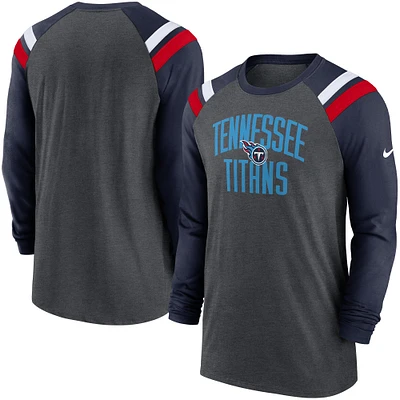 T-shirt à manches longues raglan athlétique tri-mélange anthracite chiné/bleu marine Tennessee Titans Nike pour homme