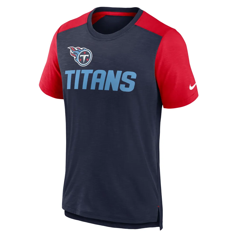 T-shirt avec nom de l'équipe des Tennessee Titans à blocs couleur Nike pour homme, bleu marine chiné/rouge chiné