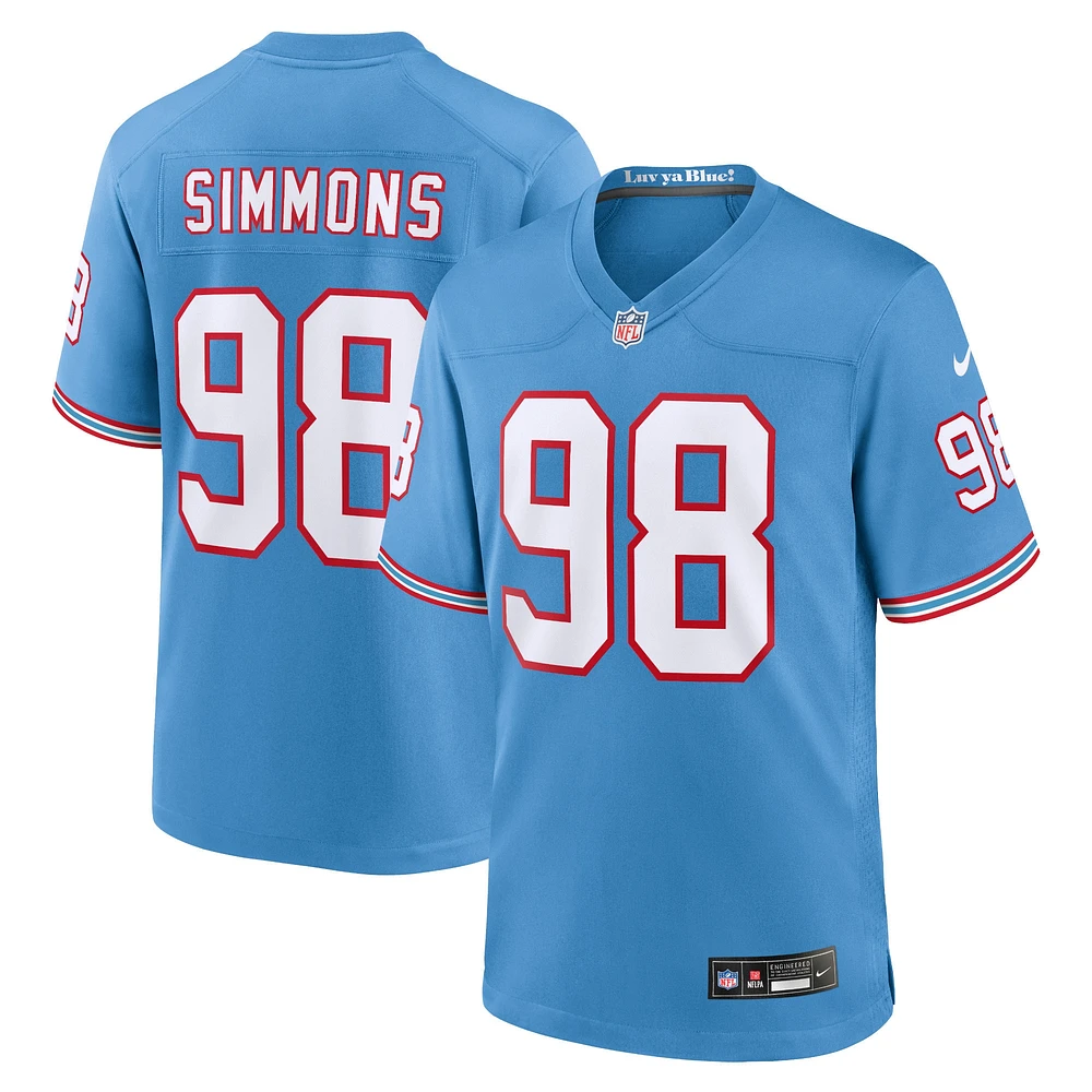 Maillot Nike Jeffery Simmons pour homme, bleu clair, Tennessee Titans Oilers, Throwback Alternate Game Player