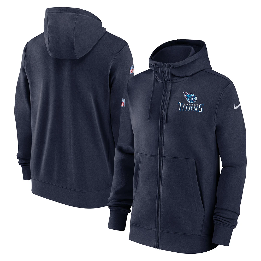 Sweat à capuche entièrement zippé Nike Tennessee Titans 2023/24 Sideline Club pour homme bleu marine