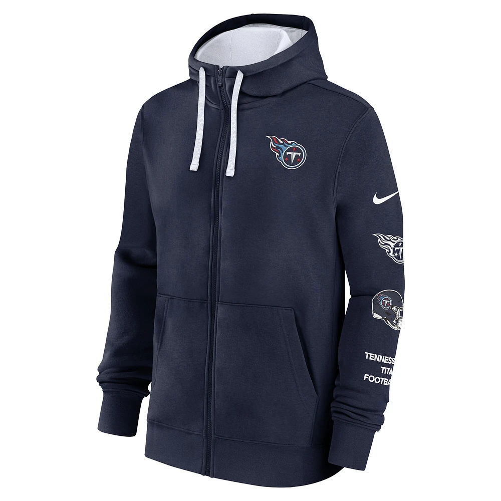 Sweat à capuche Nike bleu marine Tennessee Titans Primetime Club entièrement zippé pour homme