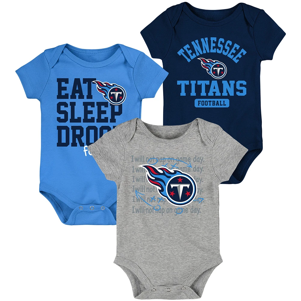 Ensemble de body trois pièces pour nouveau-né et bébé bleu marine/bleu clair Tennessee Titans Eat Sleep Drool Football