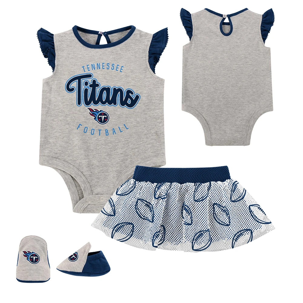 Newborn Heather Gray/Navy Tennessee Titans All Dolled Up Three-Piece Bodysuit, Skirt & Booties Set