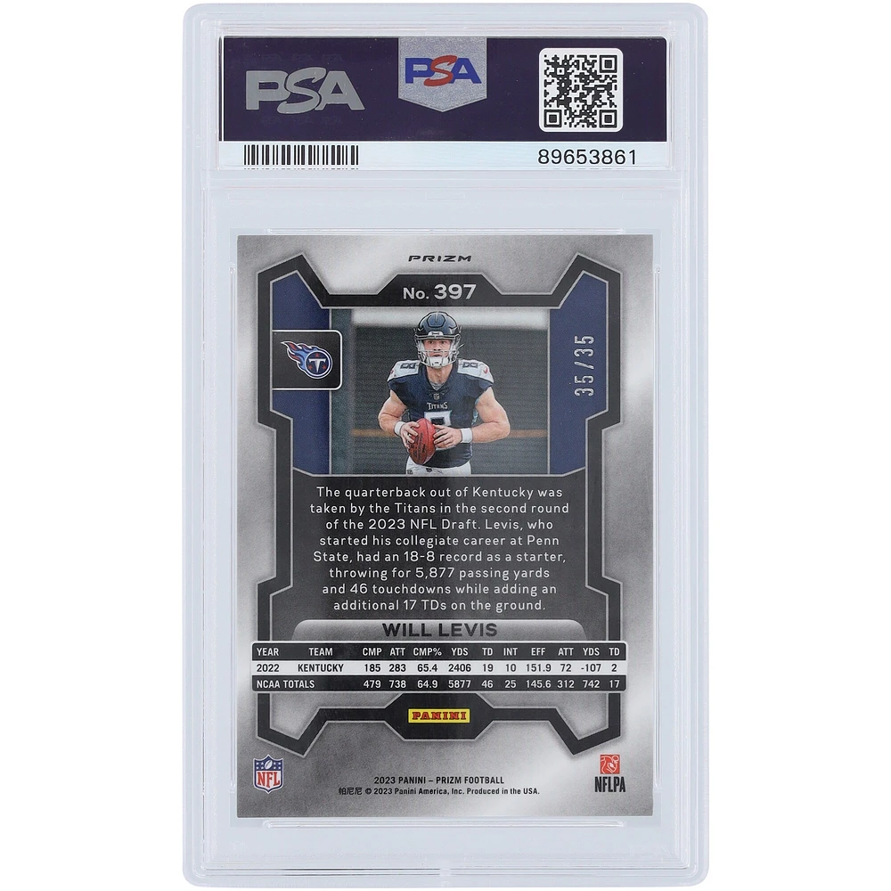 Will Levis Tennessee Titans 2023 Panini Prizm No Huddle Purple Prizm #397 #35/35 PSA Authenticated 10 Rookie Card