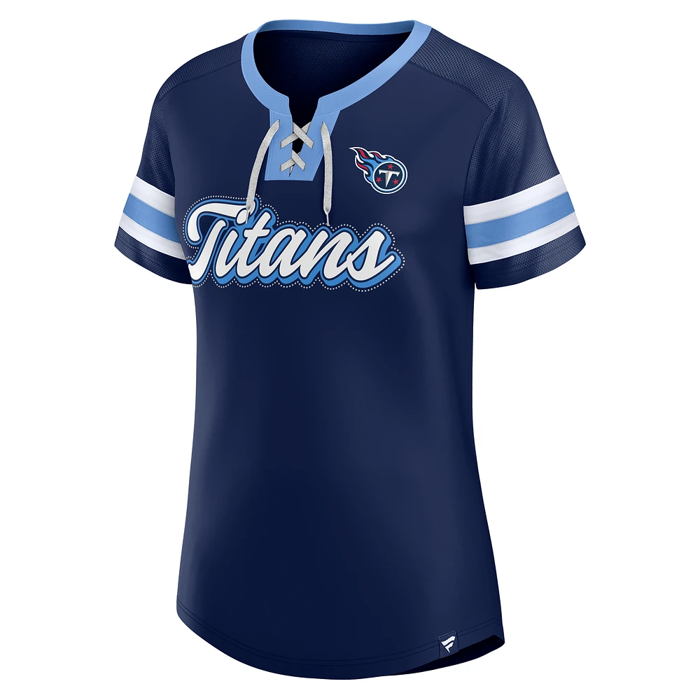 Women's Fanatics  Navy Tennessee Titans True Catch Iconic Rhinestone Bling Athena Lace-Up T-Shirt