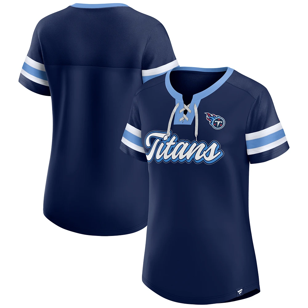 Women's Fanatics Navy Tennessee Titans True Catch Iconic Rhinestone Bling Athena Lace-Up T-Shirt