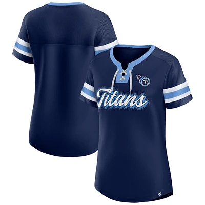 Women's Fanatics  Navy Tennessee Titans True Catch Iconic Rhinestone Bling Athena Lace-Up T-Shirt