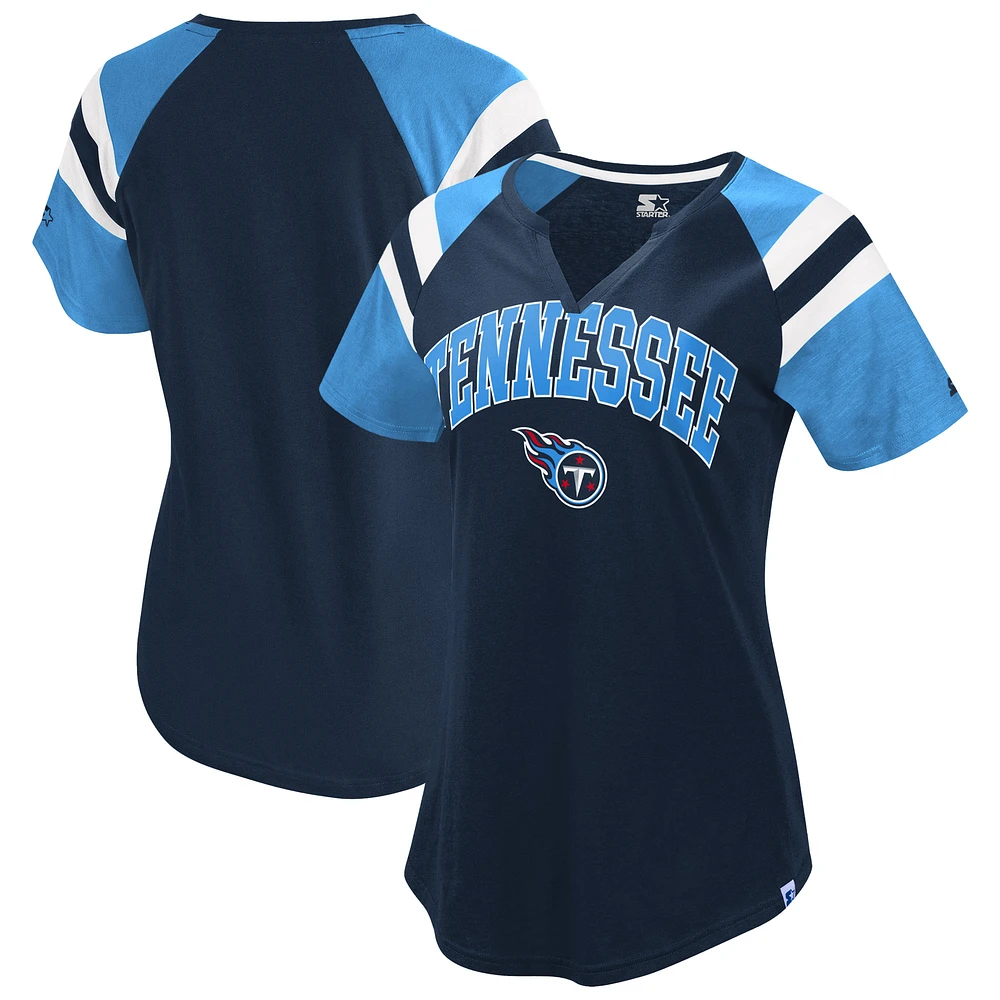 Women's Starter  Navy Tennessee Titans Game On Notch Neck Raglan T-Shirt