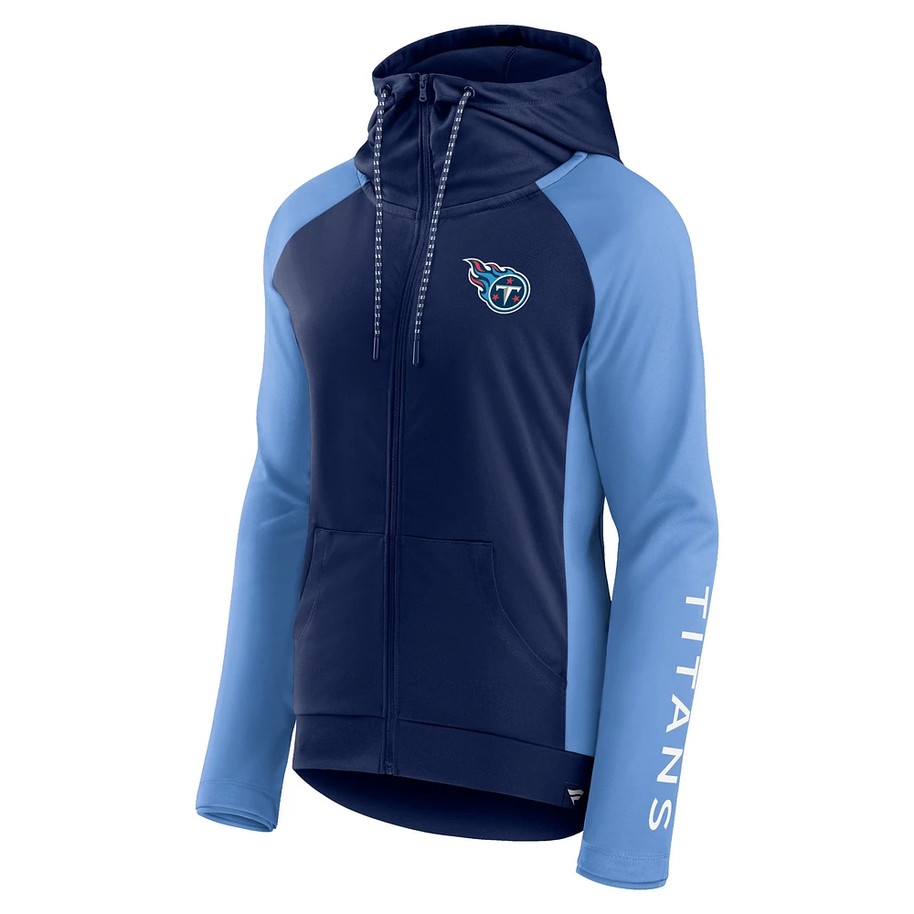 Veste à capuche légère raglan entièrement zippée pour femmes Fanatics bleu marine/bleu clair Tennessee Titans End Around