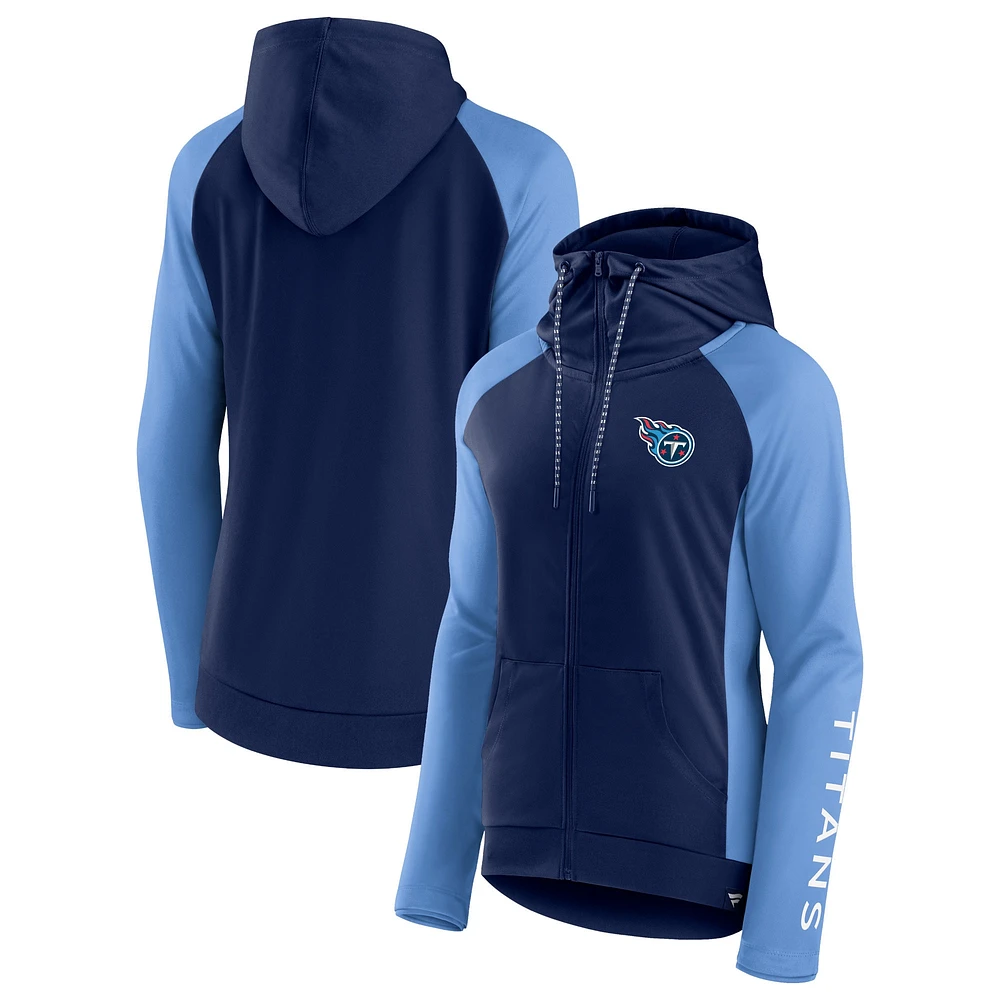 Veste à capuche légère raglan entièrement zippée pour femmes Fanatics bleu marine/bleu clair Tennessee Titans End Around