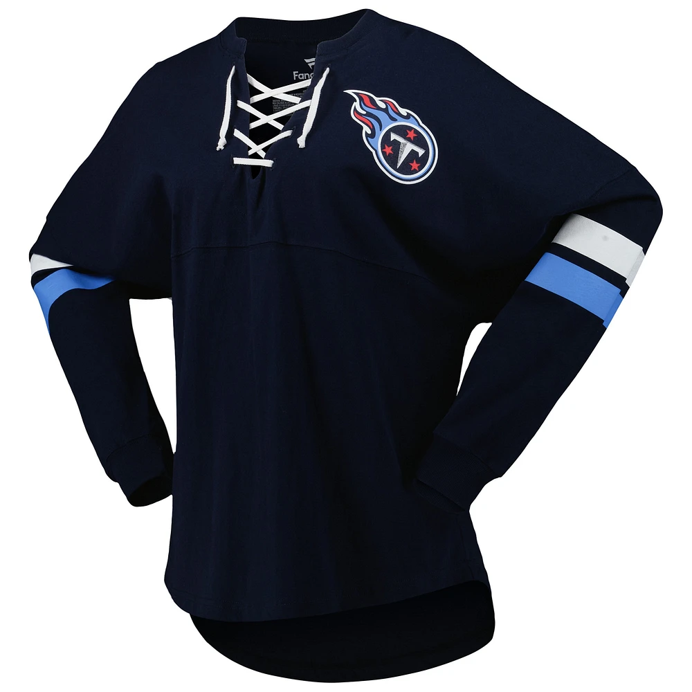 T-shirt à manches longues et col en V lacets jersey Fanatics Tennessee Titans Spirit pour femmes