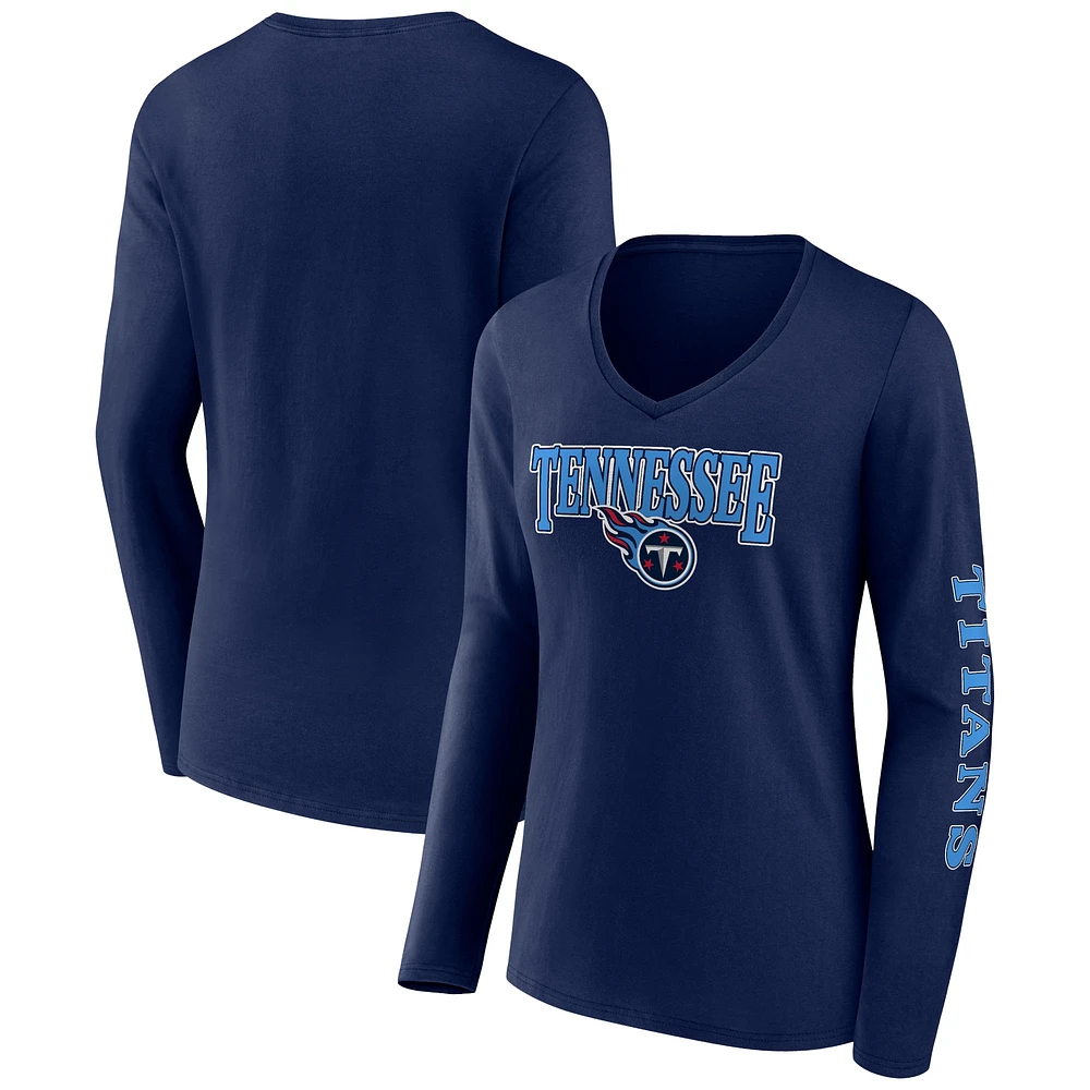 Women's Fanatics Navy Tennessee Titans Wordmark Long Sleeve V-Neck T-Shirt